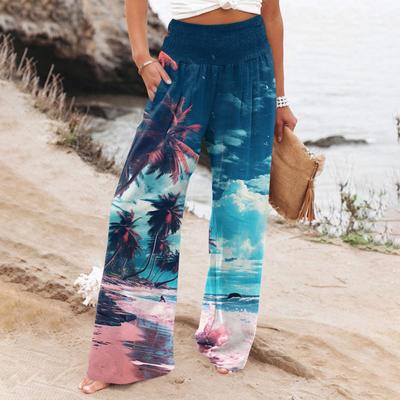 Женские прямые брюки, женские брюки с эластичной резинкой на талии, свободные повседневные брюки с принтом и карманами