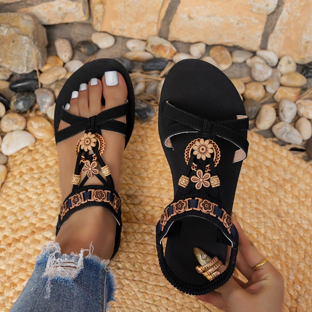 Boho Flat Sandals, Beaded Floral Beach Shoes