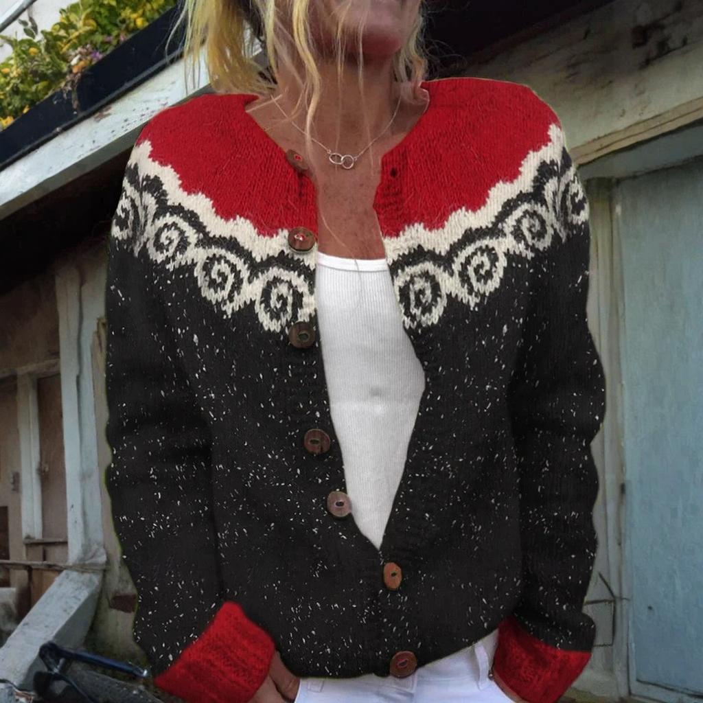 Кардиганы в стиле Fair Isle для женщин, с круглым вырезом, свободного кроя, на пуговицах, объемный свитер, с открытой передней частью, повседневная вязаная куртка на осень