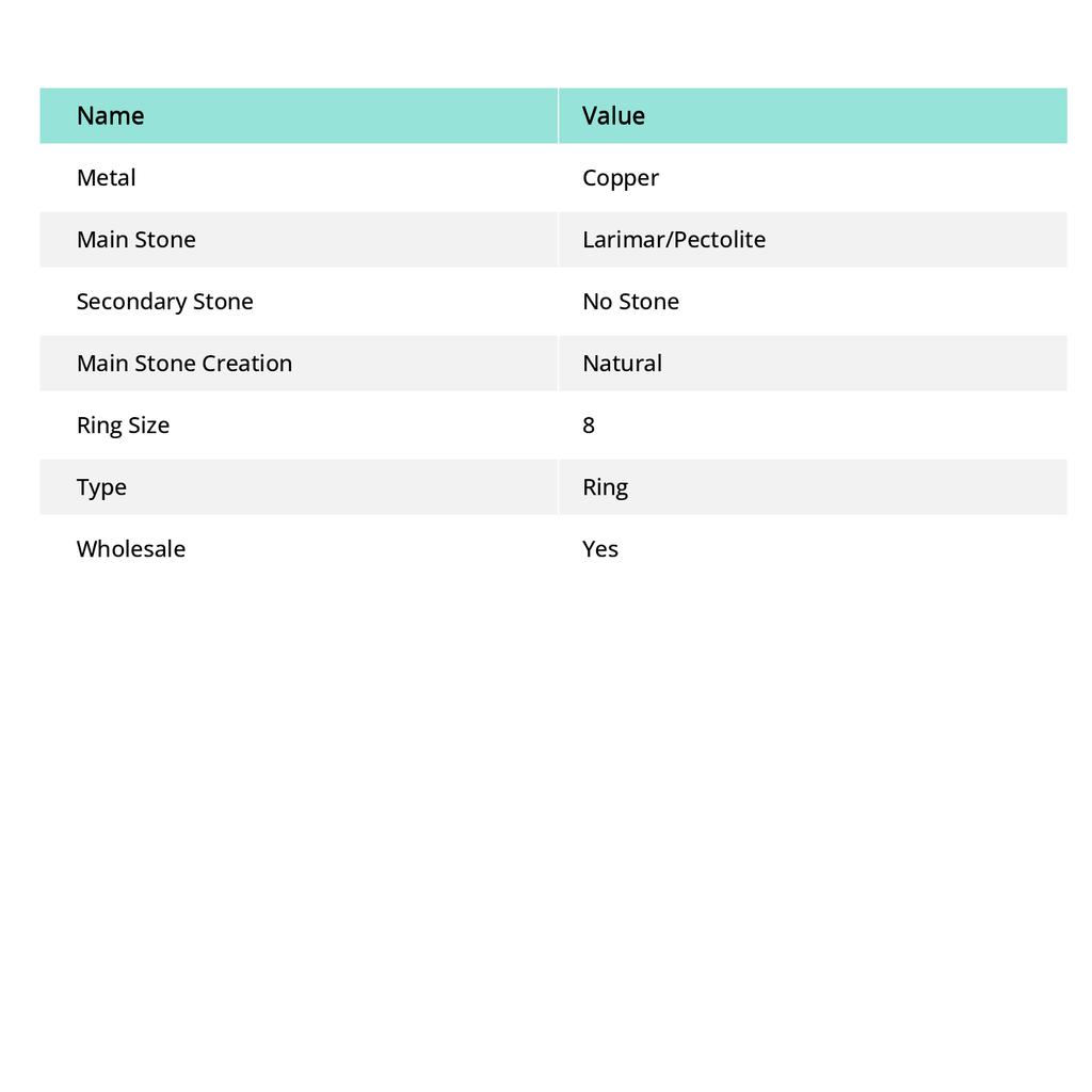 Подарочное кольцо ручной работы из медной проволоки с натуральным драгоценным камнем Ларимар, размер 8 p8h36