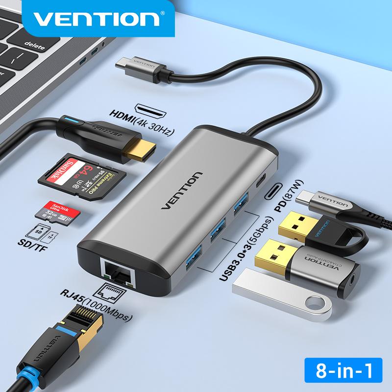 Док-станция Vention Thunderbolt 3, USB-концентратор типа C к HDMI, адаптер USB3.0 RJ45 для MacBook, Huawei P20 Pro, USB-концентратор C