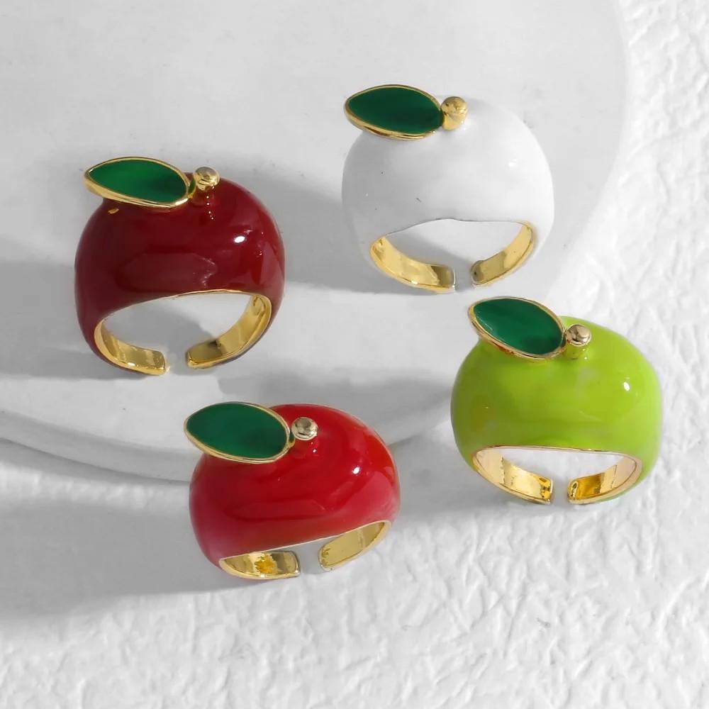 Multicolor Cute Enamel Cartoon Fruit Oil Dripping Apple Open Rings Gold Plated Exquisite Jewelry Party Gifts for Women and Girls