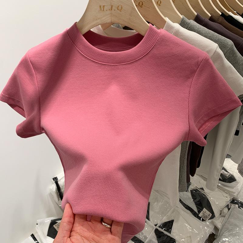 Ice Silk Mask T-shirt Women's Summer Short Sleeve New Slim Fit Round Neck Stacked Short Bottoming Knitted Top