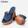 Eilyken Модные деревянные тапочки на высоком каблуке, новые женские тапочки, летние римские повседневные женские туфли на платформе с открытым носком, сандалии