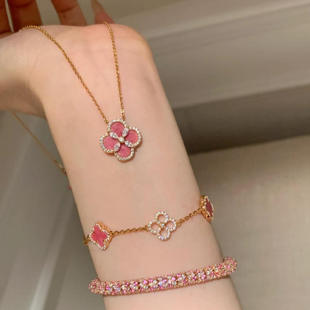 Double Side Diamond Rose Pink Clover Jewelry Set for Women Luxury Bracelet Necklace Earrings