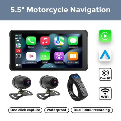 5,5'' Мотоциклетный GPS-навигатор с сенсорным экраном, двойной BT, водонепроницаемость IP67, беспроводной CarPlay, Android Auto, камера заднего вида в реальном времени