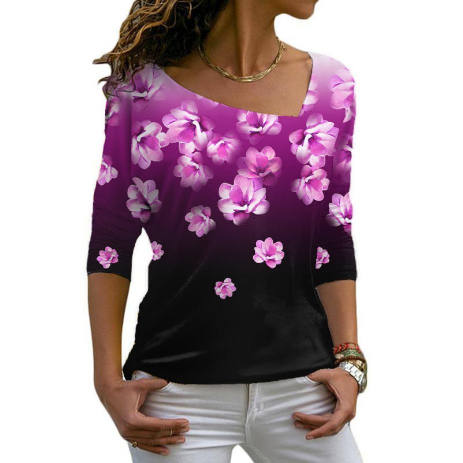 Футболки с косым воротником, длинный рукав, цифровая модная принтованная косая горловина, женская повседневная футболка для женщин