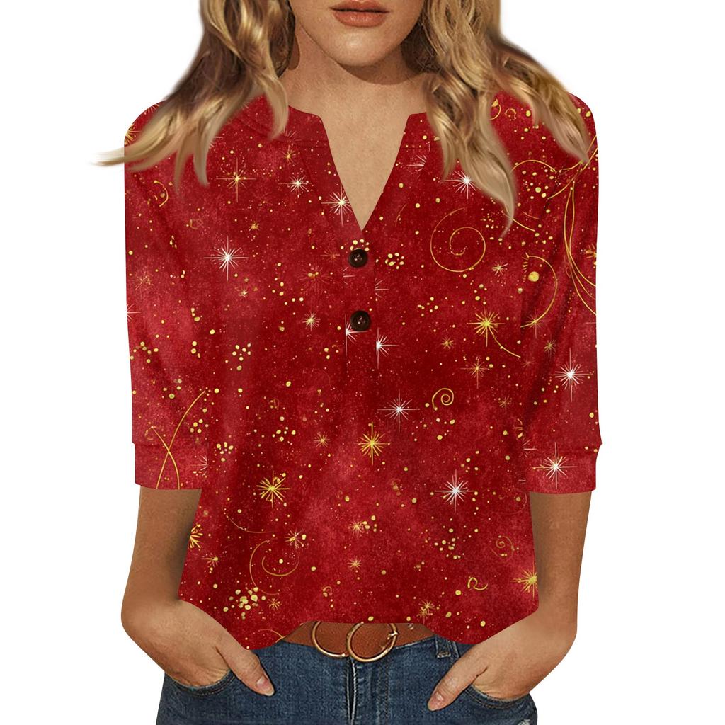 Женская футболка с рождественским принтом, на пуговицах, рукав 3/4, повседневная, выходного дня, модная, базовая, с V-образным вырезом, стандартный топ