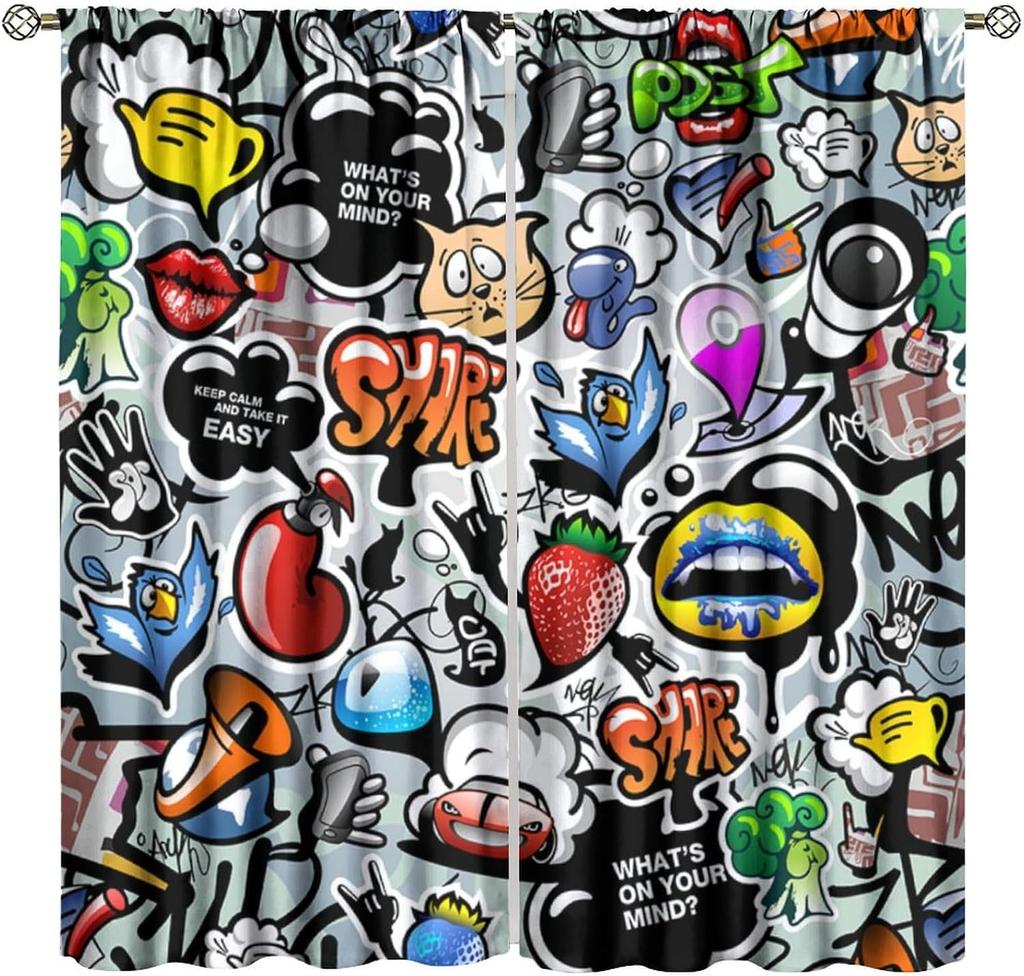 Colorful Graffiti Curtains Music Headphones DJ Art Print Blackout Window Drapes for Bedroom Living Room Kitchen Cafe Decor
