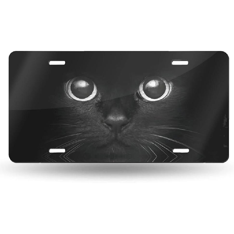 Black Cat Eyes Watching Front License Plate Aluminum Decorative License Plates Funny Metal Car Plate 6"X12" Novelty Vanity Tag Cover With 4 Holes Car