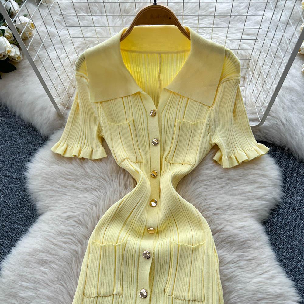 Корейское простое дизайнерское платье с лацканами, вязаное, женское летнее, приталенное и тонкое, однобортное, с темпераментом королевской сестры, длинное платье