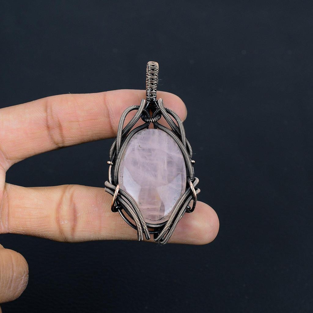Rose Quartz Jewelry, 999 Copper Wire Wrapped Pendant Handmade Gemstone Jewelry, Gifts For Wife Brand New Pendant