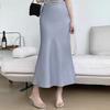 Women Fishtail Skirt High Waist Fishtail Hem Maxi Skirt Solid Color Retro Satin Texture Hip Wrapped Skirt