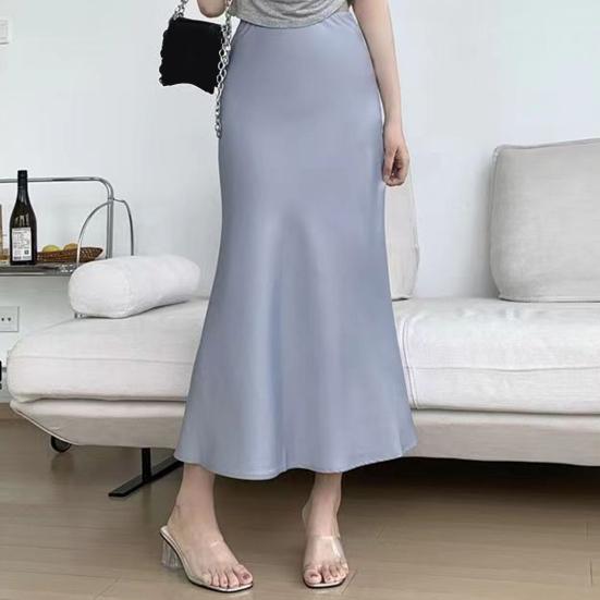 Women Fishtail Skirt High Waist Fishtail Hem Maxi Skirt Solid Color Retro Satin Texture Hip Wrapped Skirt
