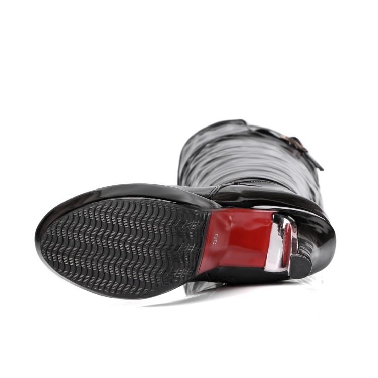 Сексуальные женские сапоги на очень высоком каблуке выше колена из лакированной кожи с красной молнией на платформе, длинные сапоги