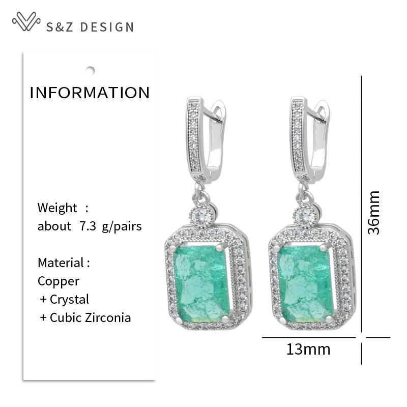 Fashion Rectangle Ice Crack Crystal Drop Earrings For Women Wedding White Gold Color Cubic Zirconia Eardrop Jewelry Gift