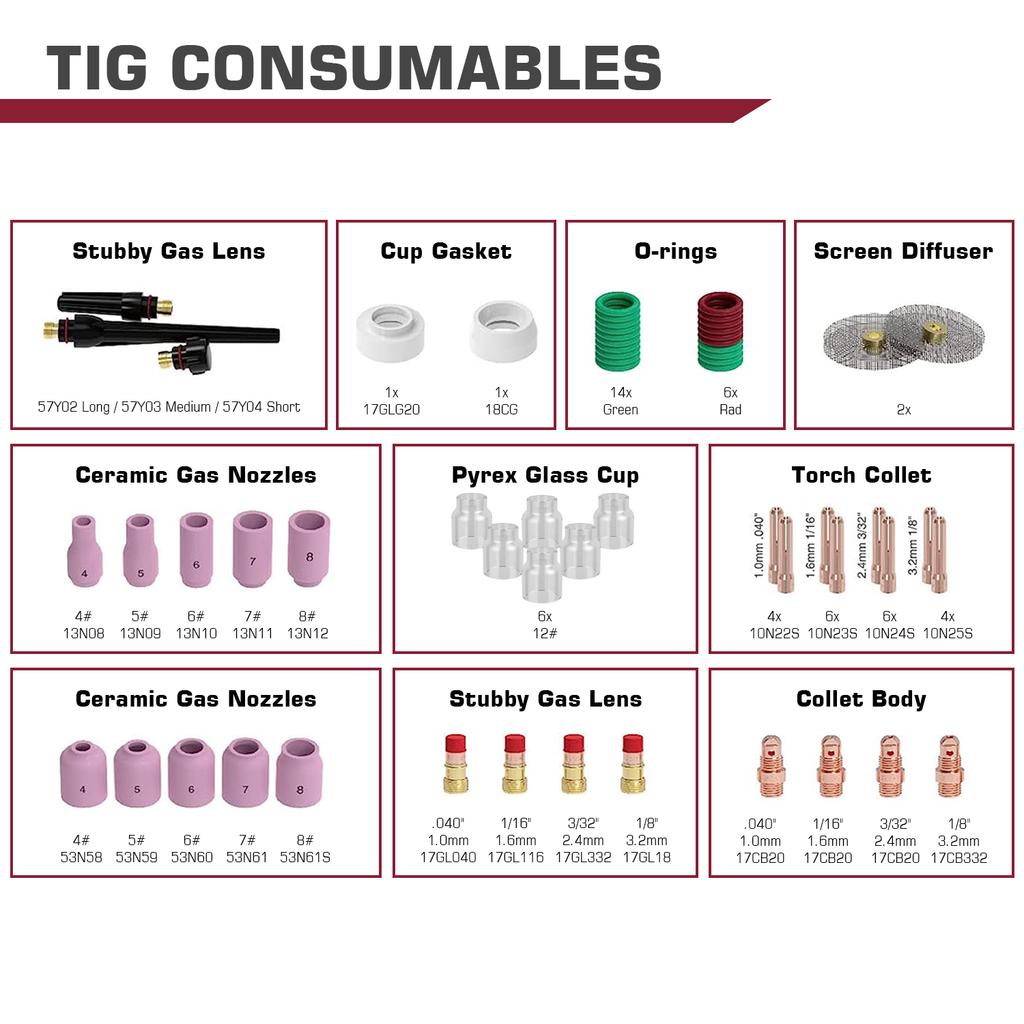 ARCCAPTAIN WP-17/18/26 TIG Welding Torch Accessories kit 49/71Pcs Nozzle Collets Body Stubby Gas Lens Glass Cup consumables Kit