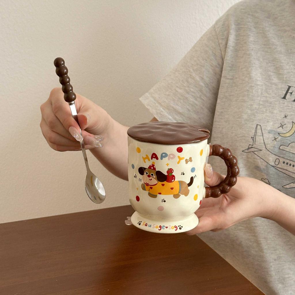 Милая керамическая кружка с изображением таксы, крышкой и ложкой, для воды, завтрака, кофе и молока, практичный подарок на день рождения.