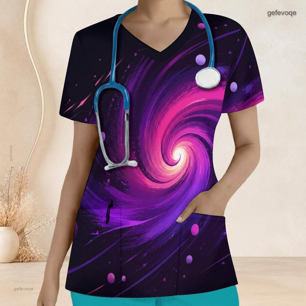 Women Plus Size V Neck Short Sleeve Scrub Top Galaxy Whale Moon Star Print Nurse Uniform Top
