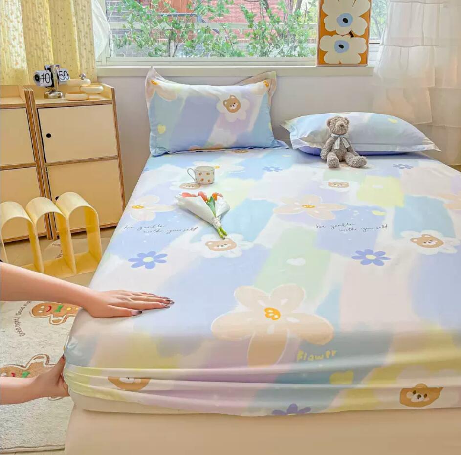 Bed Fitted Sheet + 2pc Pillowcases Bed Cover 100% Cotton Single King Queen Bed Sheet Deep Pocket Mattress Protective Cover B82F