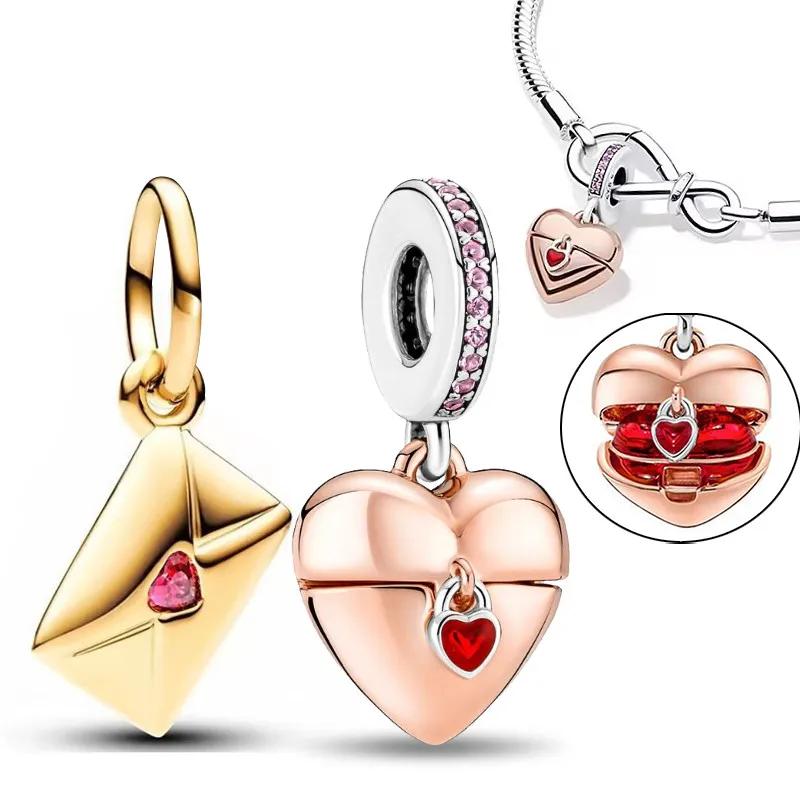 Серебро 925 Сердце Конверт Золотые Шармы Бусины Подходят для Браслета Подвеска для Женщин Тонкие Ювелирные Изделия Подарок Своими Руками