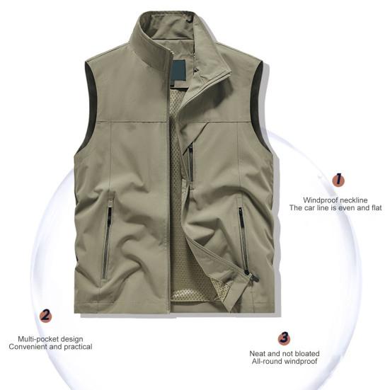Мужской жилет с воротником-стойкой, без рукавов, застежка-молния, жилет с большими карманами, однотонный жилет для рыбалки на открытом воздухе