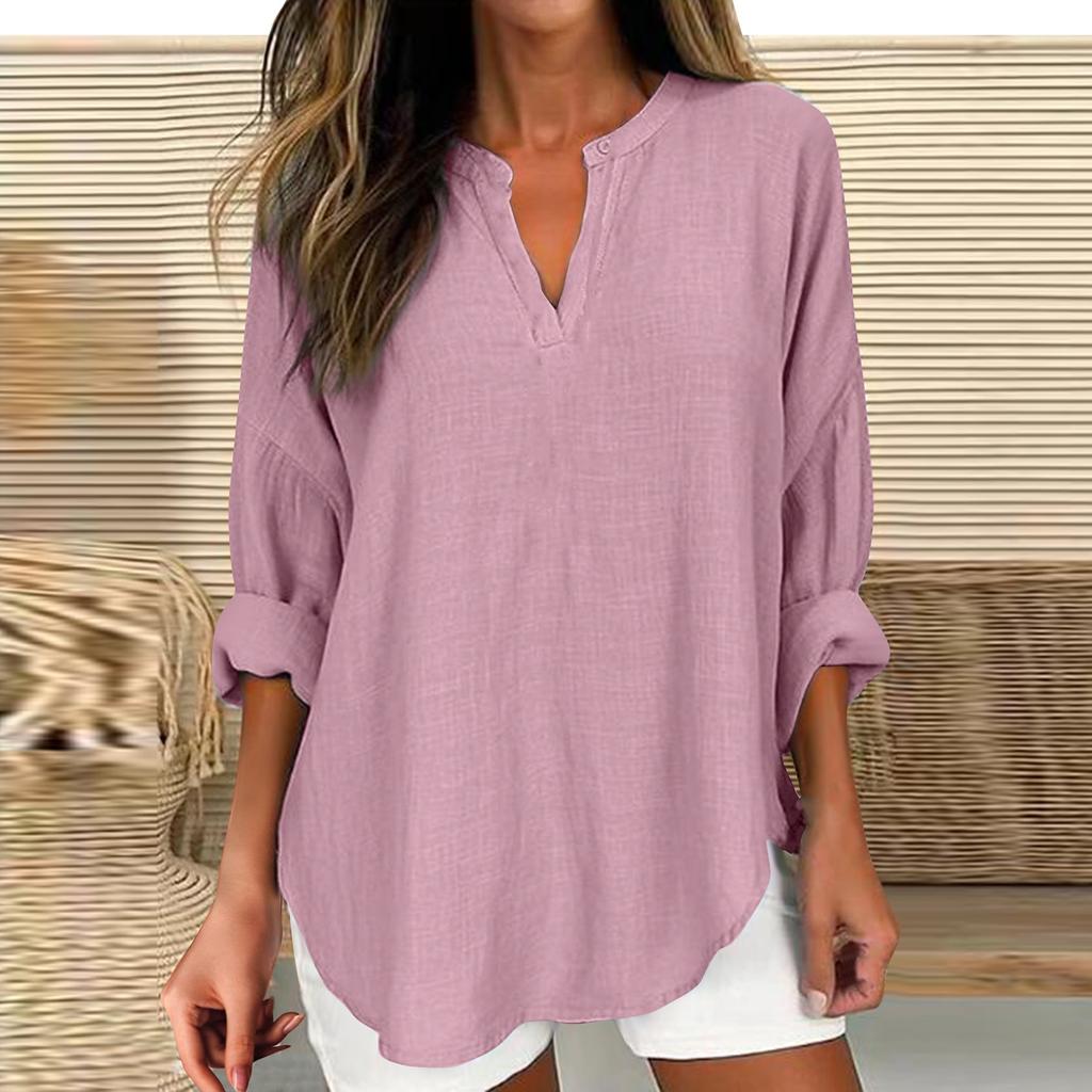 Women's Cotton Linen Solid Color Long Sleeve Shirt V-Neck Loose Blouse Pullover Top