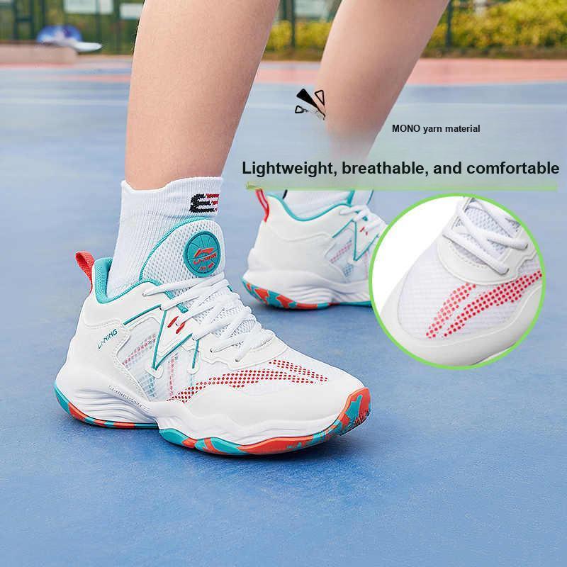 Li-Ning Cloud Lightweight Anti-Kick Shock Absorption Breathable Balance Support Mid-Top Basketball Shoes Kids Sneaker White Green YKBS034-11