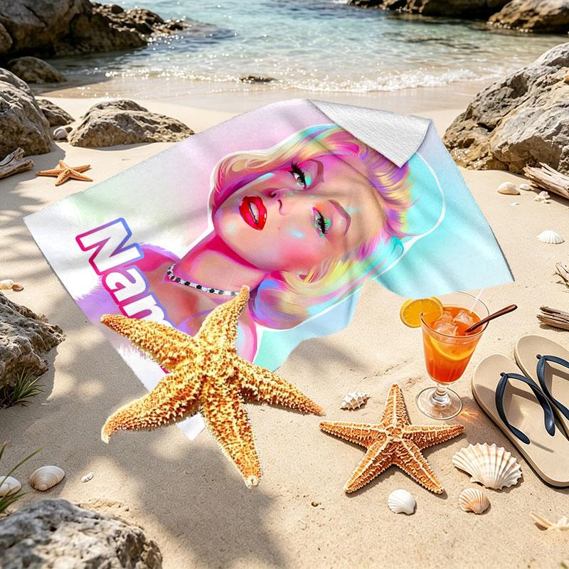 Custom Name Personalized Marilyn Monroe Print Beach Towel, for Trip Camping Beach Party Home Decor, Birthday Gift for Family & Friends