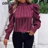 Women's New Dark Red Half High Neck Bubble Sleeve Celebrity Style Shirt Premium Shirt Top