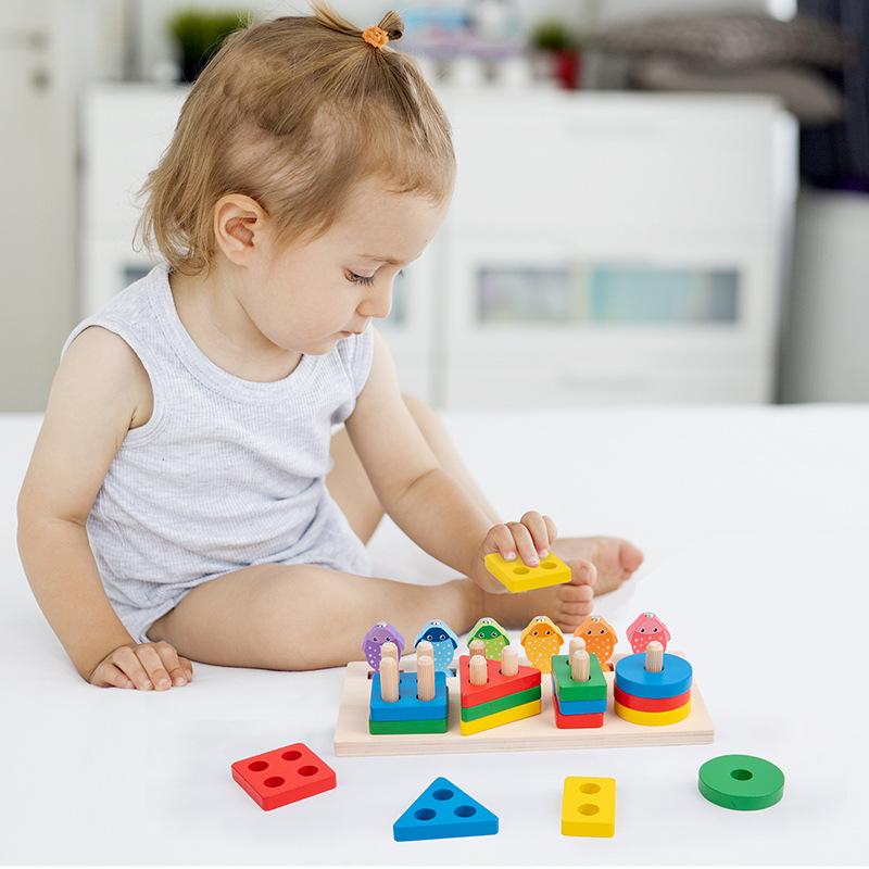 Wooden Geometric Shape Classification Set Column Children Preschool Education Color Recognition Cognitive Stacking Early Education Toys