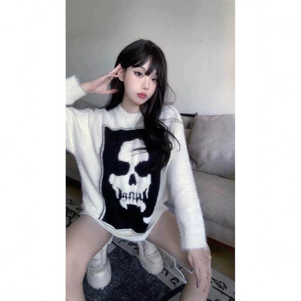 Унисекс Американский Ретро Панк Свитер с Черепом - Толстая Вязка Уличный Стиль для Осени и Зимы