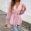 Women's Tops Casual V-Neck Solid Color Long Sleeve Shirt Blouse