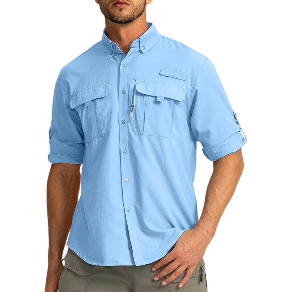 Men's Color Casual Loose Button-Down Collar Faux Pocket Long-Sleeved Shirt
