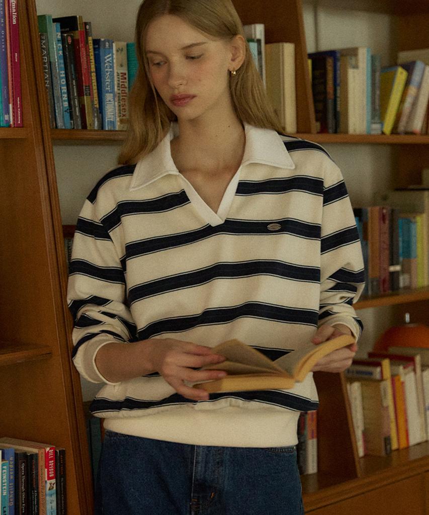 OURHOPE Striped Logo Collar Sweatshirt - White