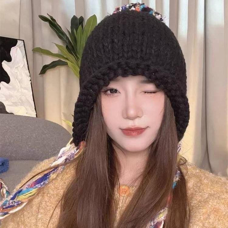 Шапка из шерсти с цветной бахромой и косичкой на осень и зиму, теплая шапка-ушанка для студентов, универсальная модная вязаная шапка-пуловер