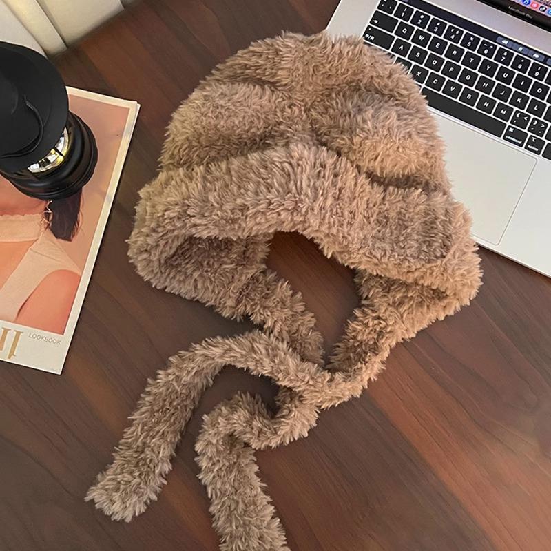 Теплая плюшевая шапка с ушками медведя и кошачьим бантом для женщин – защита ушей на осень/зиму с открытым лицом