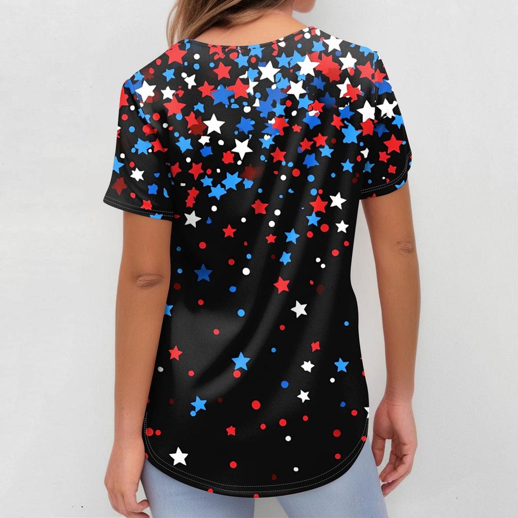 Women's Short Sleeve Independence Day Printed V-Neck Pocket Workwear Top