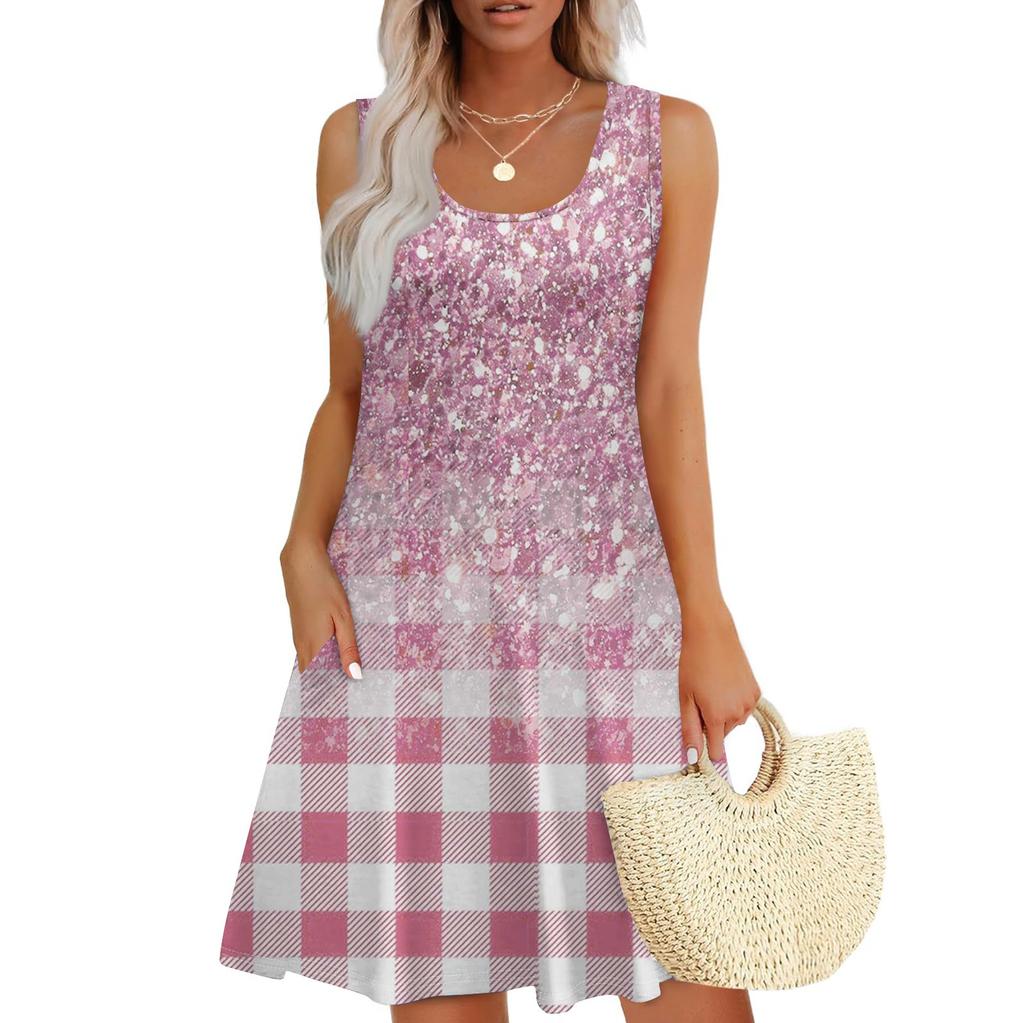 Женское летнее повседневное платье с квадратным вырезом и принтом в стиле пэчворк, платье без рукавов с карманами
