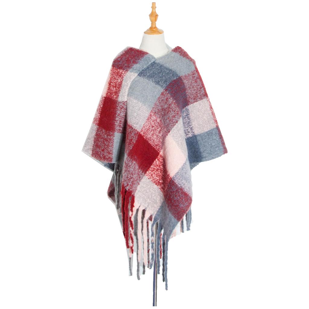 Зимняя женская круглая пряжа, толстая накидка с кисточками, толстый цветной клетчатый шарф-шаль