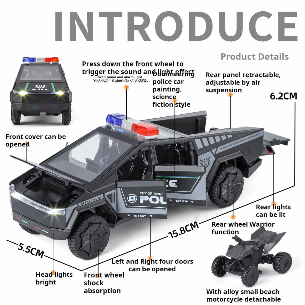 1: 32 Пикап Tesla Полицейская машина Модель из сплава Звуковые и световые эффекты Игрушки для пожарной тренировки для родителей и детей Подарки и украшения