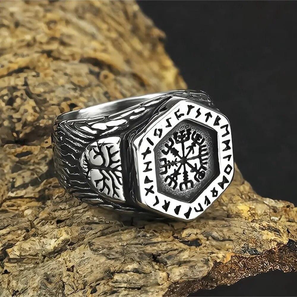 Men Biker Nordic Viking Rings Stainless Steel Retro Nordic Ethnic Belief Odin Viking Rune Ring Men Amulet Jewelry