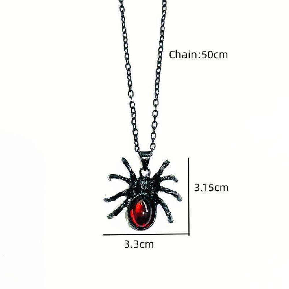 Gothic Punk Sliver Simulation Spider Insect Red Oval Crystal Pendant Necklace for Women Men Hallowmas Jewelry Accessories