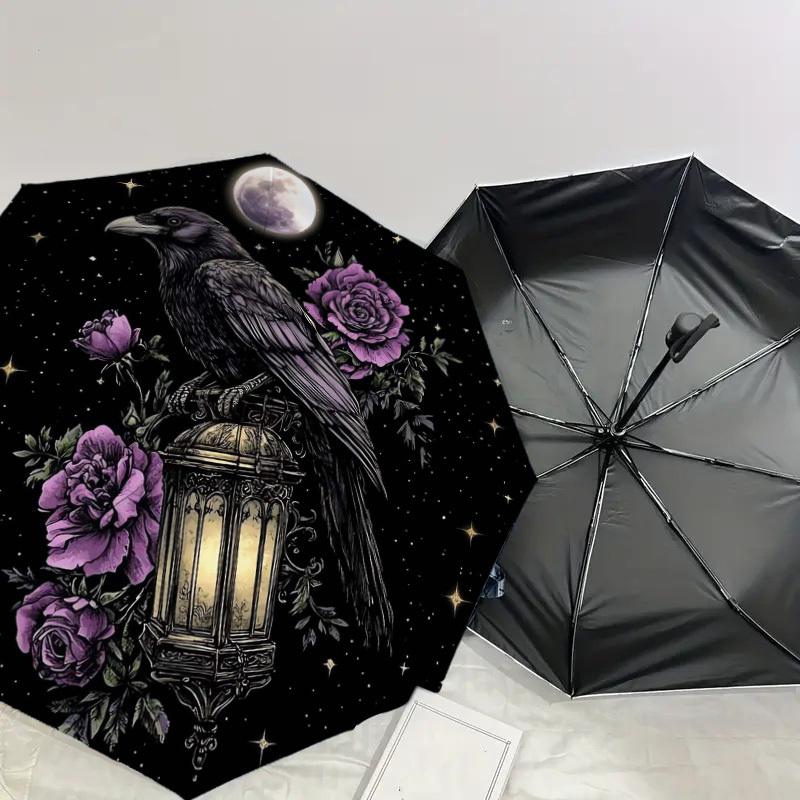 1 шт. Ворон в лунном свете с фиолетовыми розами Зонт с пластиковой ручкой, Подходит для всех сезонов Домашний Путешествия Наружный ЗонтDD1530