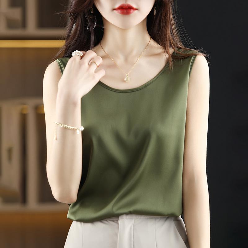 Satin Silk Vest Summer Women's Vest Pullover Short Top Sleeveless Vest Round Neck Solid Color Camisole