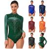 Women Mock Turtleneck Long Sleeve See-through Sparkly Rhinestone Leotards Gymnastics Performance Outfits