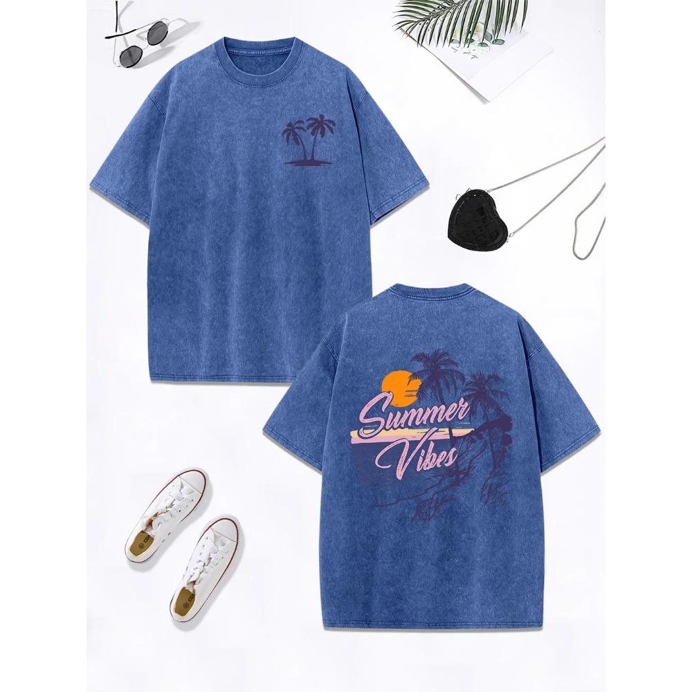 Summer Vibes Beach Sunset Coconut Tree Prints Washed T-Shirt Women Cotton Tops Retro O-Neck T Shirt Street Clothes