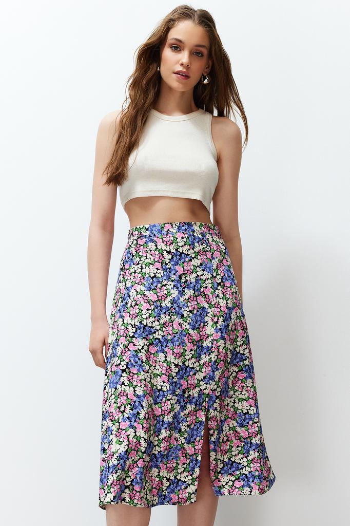 Women's Fashion Purple Printed High Waist Midi Stretchy Knitted Skirt with Gather Detail and Flounce