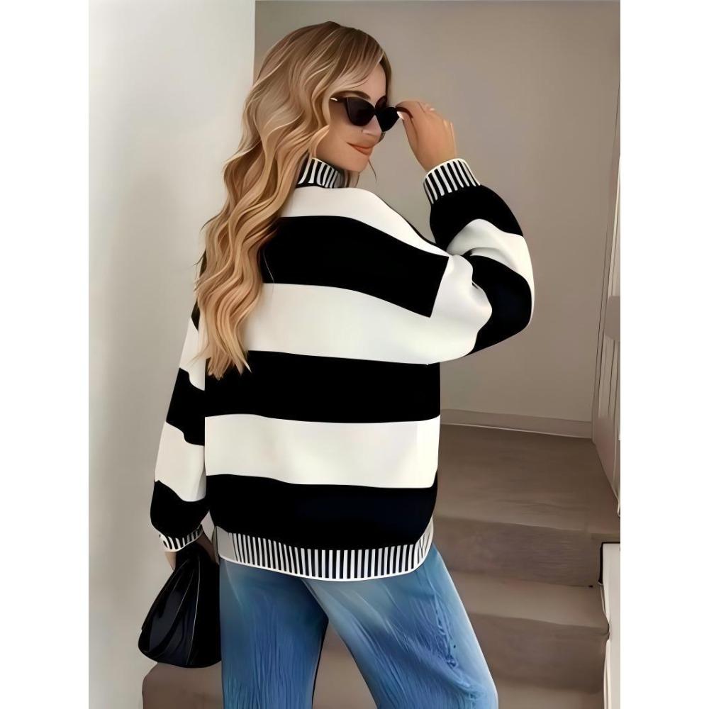 Contrasting color striped pullover knitted sweater top women's autumn and winter new semi-turtleneck loose sweater