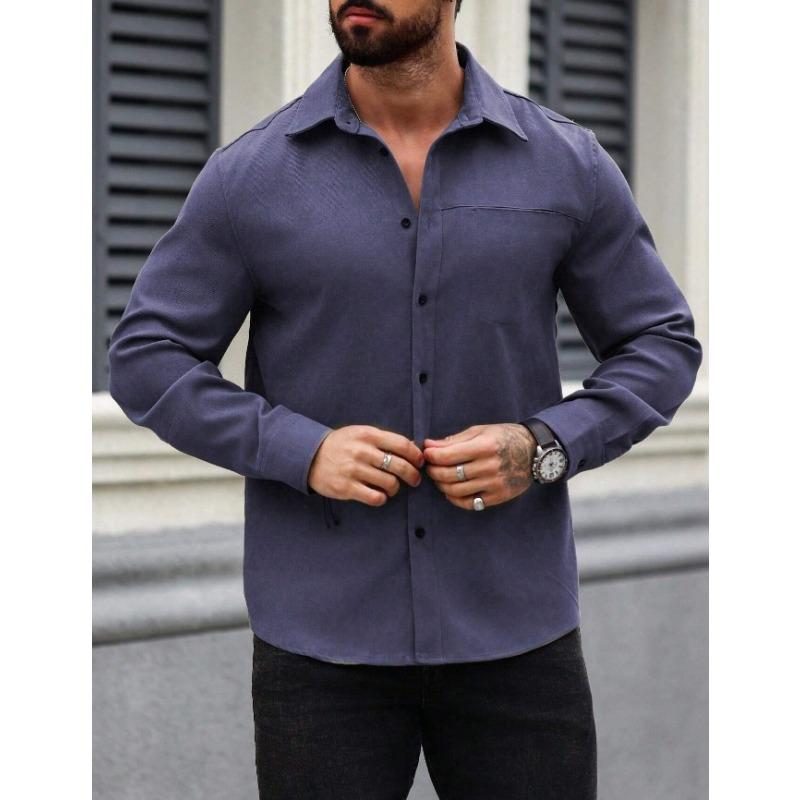 Men European American Solid Color Button Down Long Sleeve Casual Shirt With Pocket